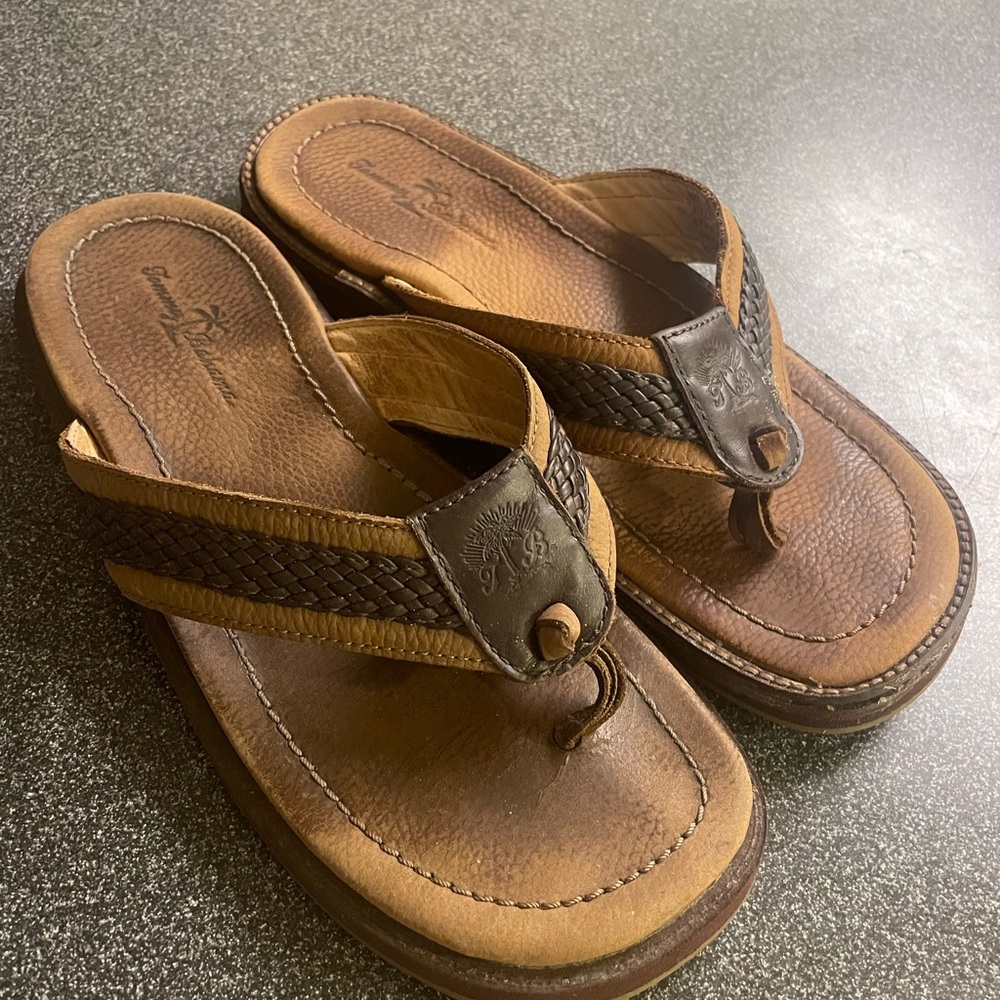 Tommy Bahama Anchors Away Sandals Flip Flops Two Tone Brown Leather Men's Size 9